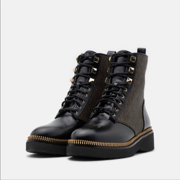 Michael kors haskell crinkled leather and logo combat boot Clearance